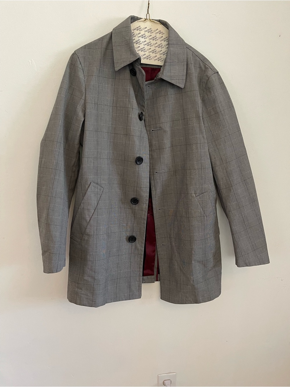 Banana Republic Gray Plaid Trench Coat with Burgundy Lining